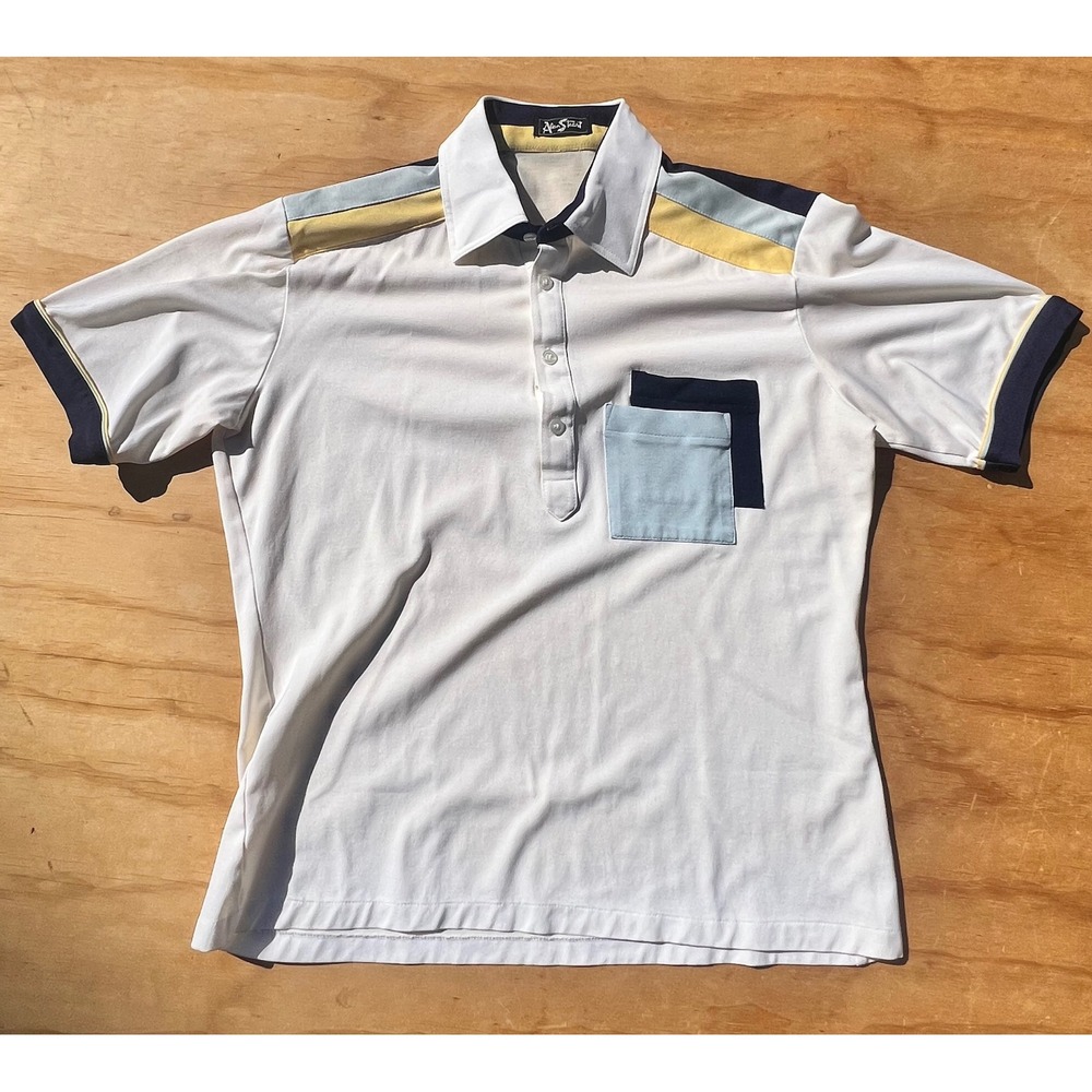 Vintage Alan Stuart Men White Colorblock Polo Shirt Retro Knit Pcket Shrt Sleeve